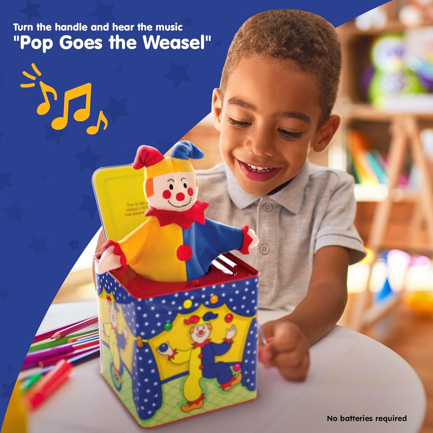 Jester Jack in the Box Classic Childrens Musical Toy Colorful and Durable Tin Box with Silly Jester Plush Age 18 months and Up