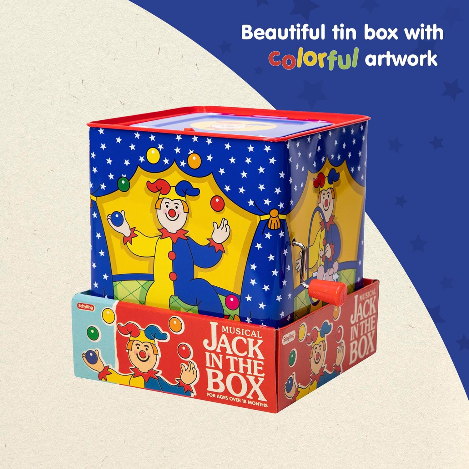 Jester Jack in the Box Classic Childrens Musical Toy Colorful and Durable Tin Box with Silly Jester Plush Age 18 months and Up