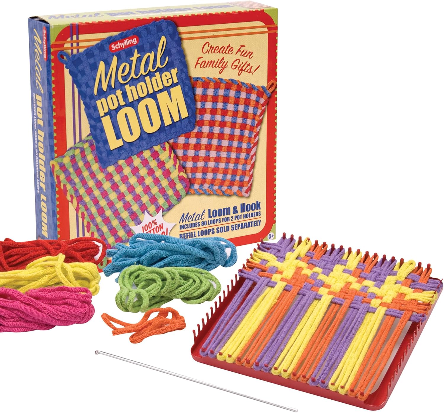 Metal Pot Holder Loom Kit Classic Durable Weaving Frame to Make Pot Holders Includes Loom Hook Instructions and 80 Colorful Cotton Loops Ages 5 and Up