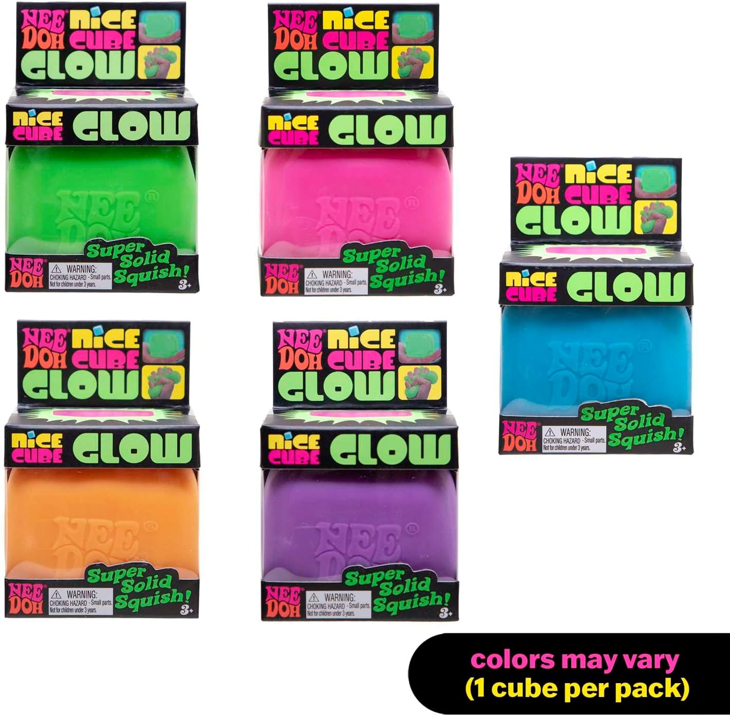 NeeDoh Nice Cube Glow Squeeze Toy with a Super Solid Squish Glows in The Dark 225 Cube Color May Vary Pack of 1