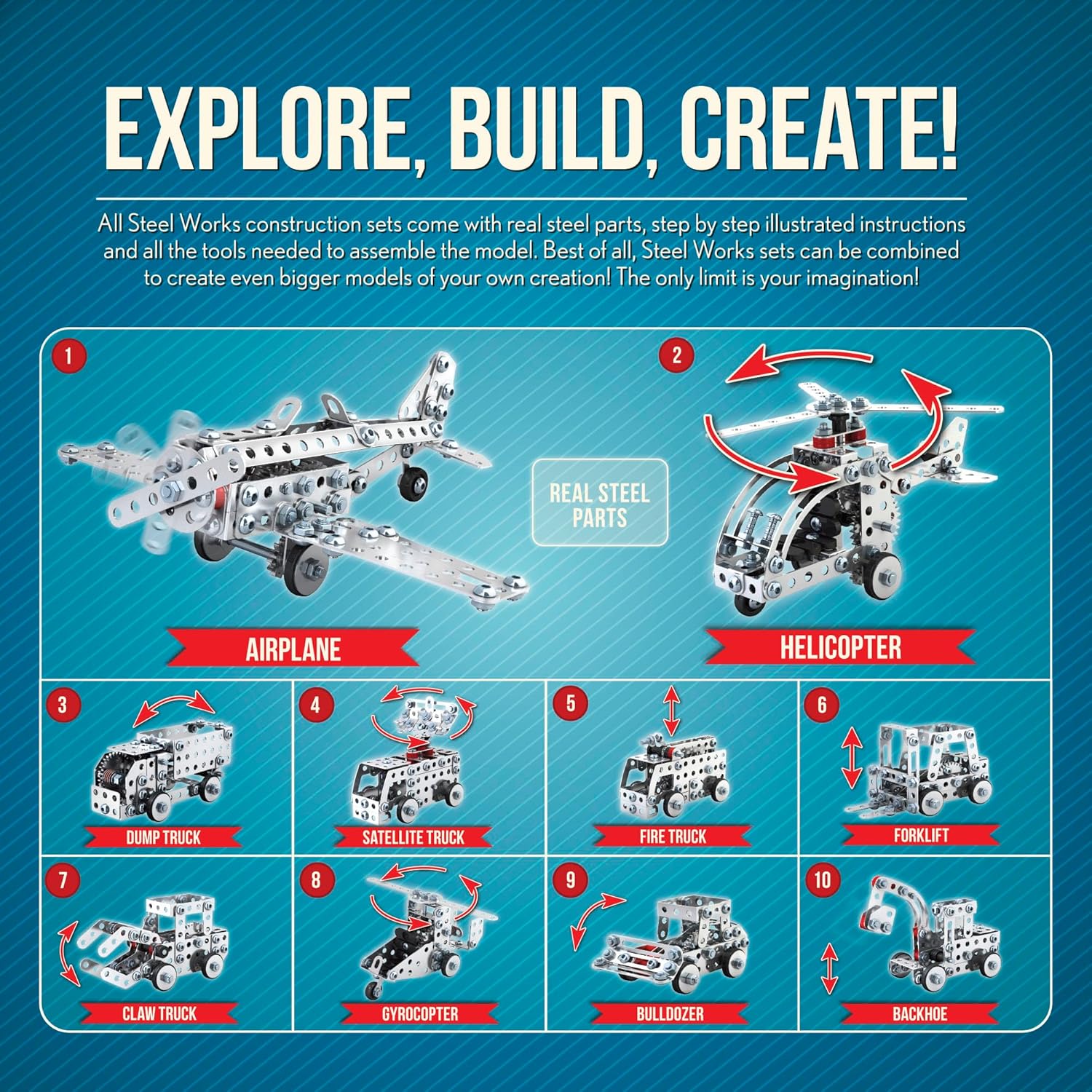 Steel Works Mechanical Multi Model Steel Building Set Includes 300 Pieces Tools and Instructions to Make 10 Different Models Ages 8 and Up
