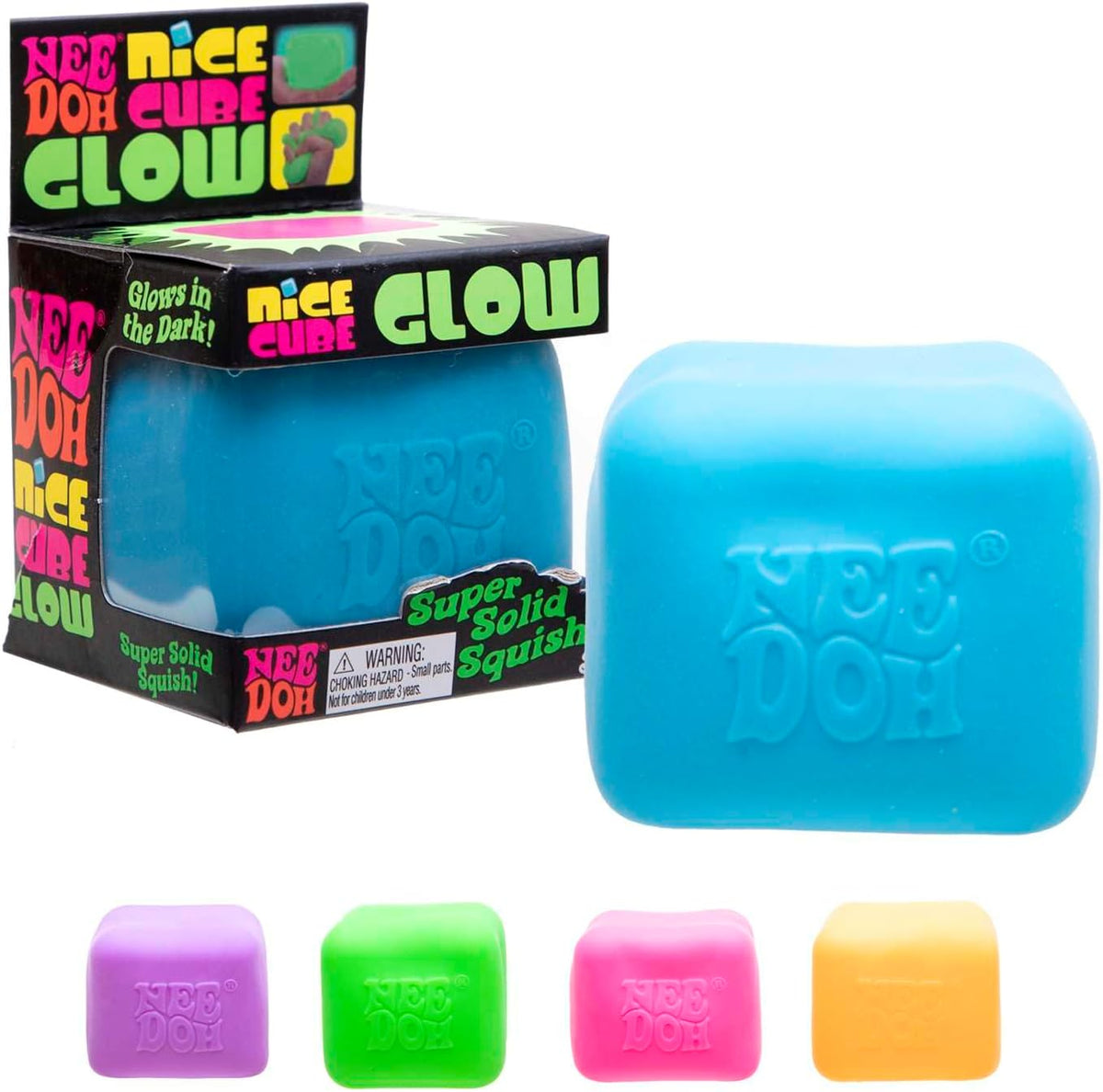 NeeDoh Nice Cube Glow Squeeze Toy with a Super Solid Squish Glows in The Dark 225 Cube Color May Vary Pack of 1