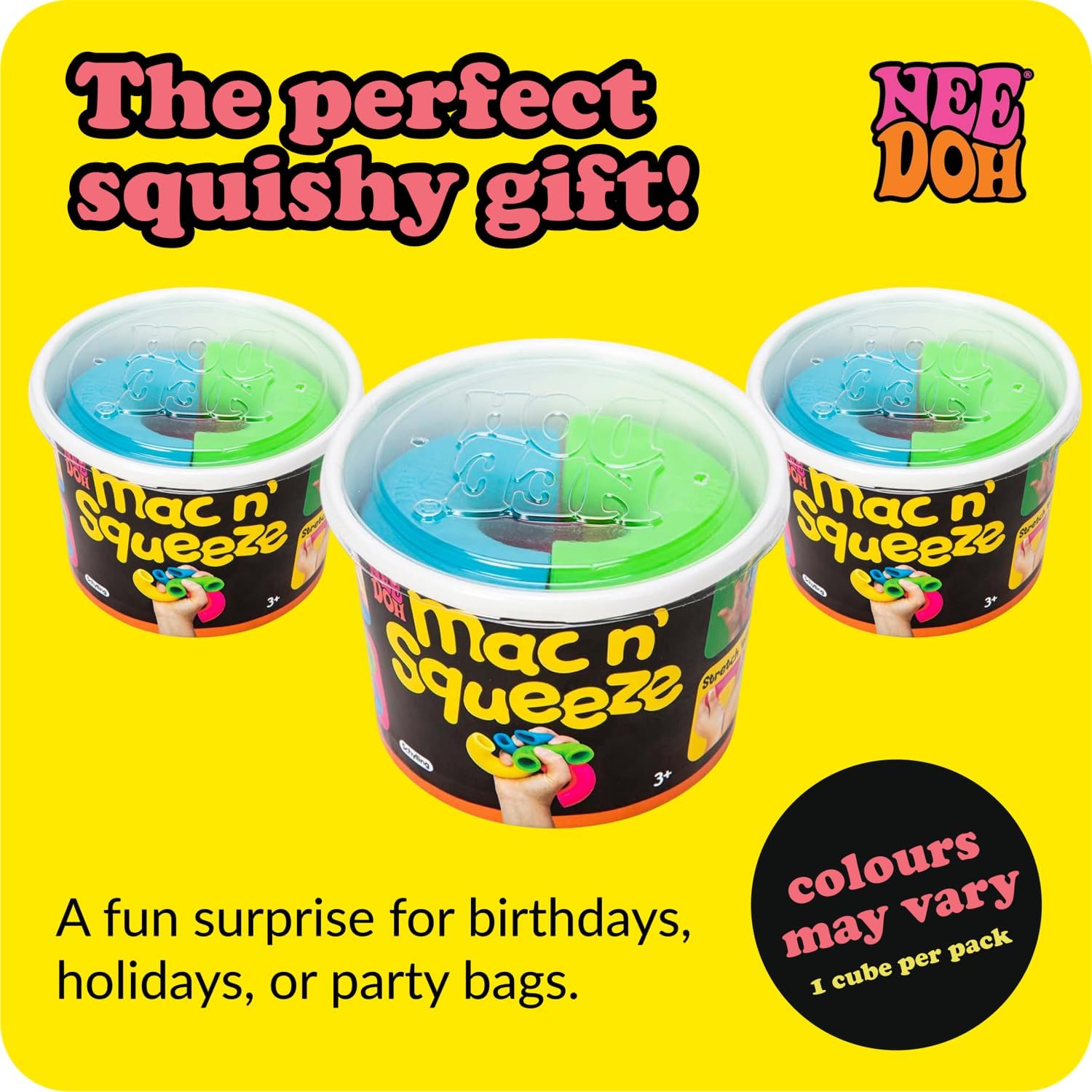 NeeDoh Mac N Squeeze Sensory Squeeze Toy Contains 4 Squishy Noodles 3 Wide Color May Vary Pack of 1