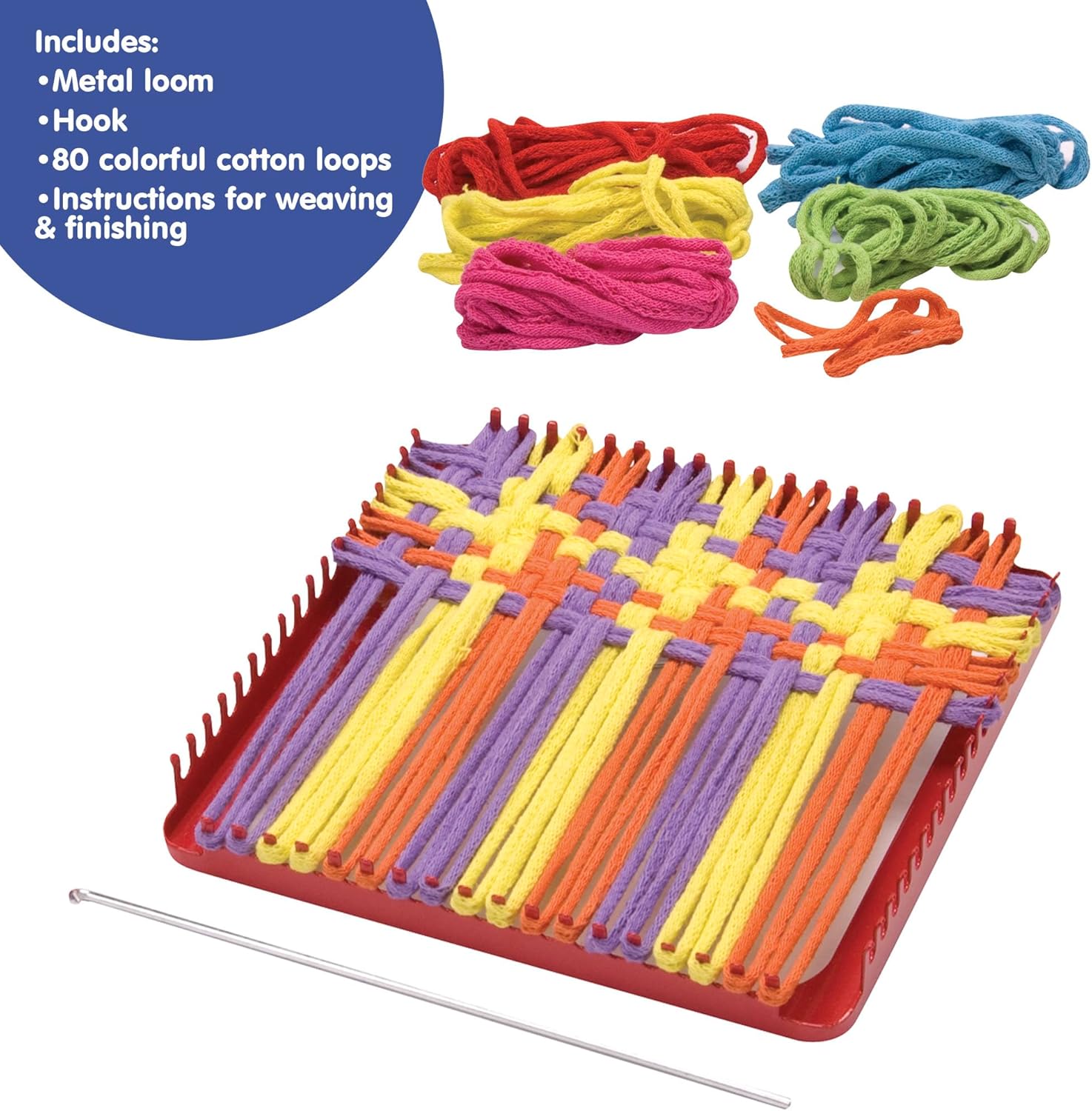 Metal Pot Holder Loom Kit Classic Durable Weaving Frame to Make Pot Holders Includes Loom Hook Instructions and 80 Colorful Cotton Loops Ages 5 and Up