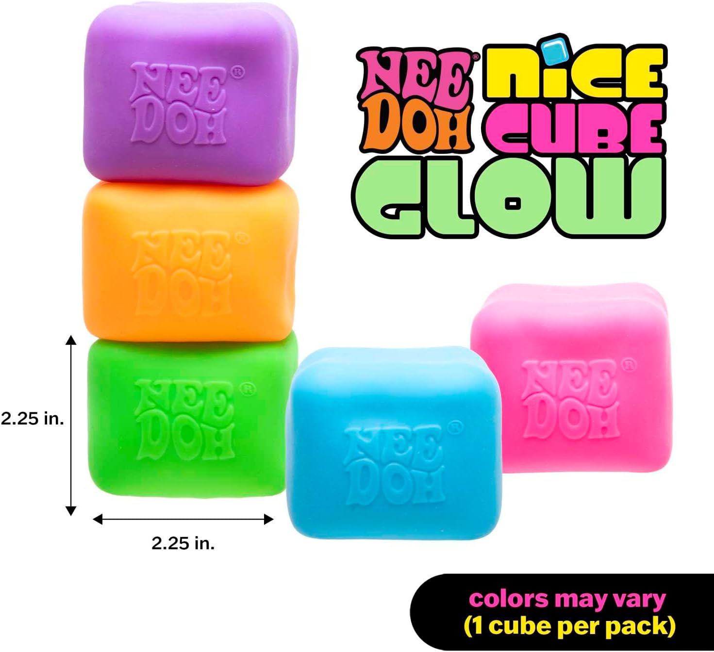 NeeDoh Nice Cube Glow Squeeze Toy with a Super Solid Squish Glows in The Dark 225 Cube Color May Vary Pack of 1